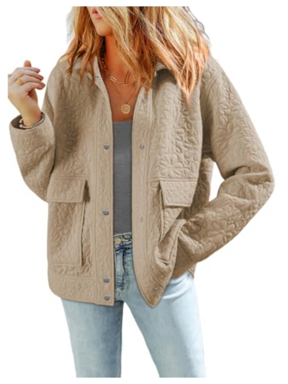 Womens Jacquard Floral Button Down Long Sleeve Lightweight Casual Jacket